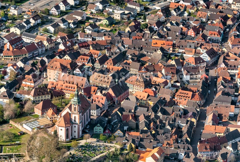 Aerial image Ettenheim - Church building in Old Town- center of downtown in Ettenheim in the state Baden-Wurttemberg, Germany