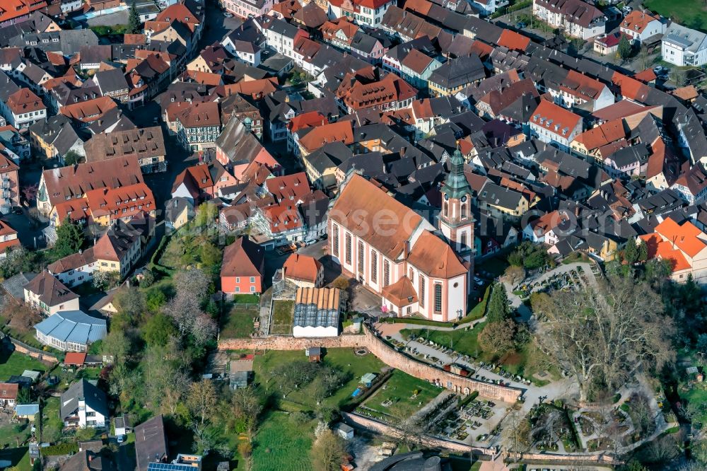Aerial photograph Ettenheim - Church building in Old Town- center of downtown in Ettenheim in the state Baden-Wurttemberg, Germany