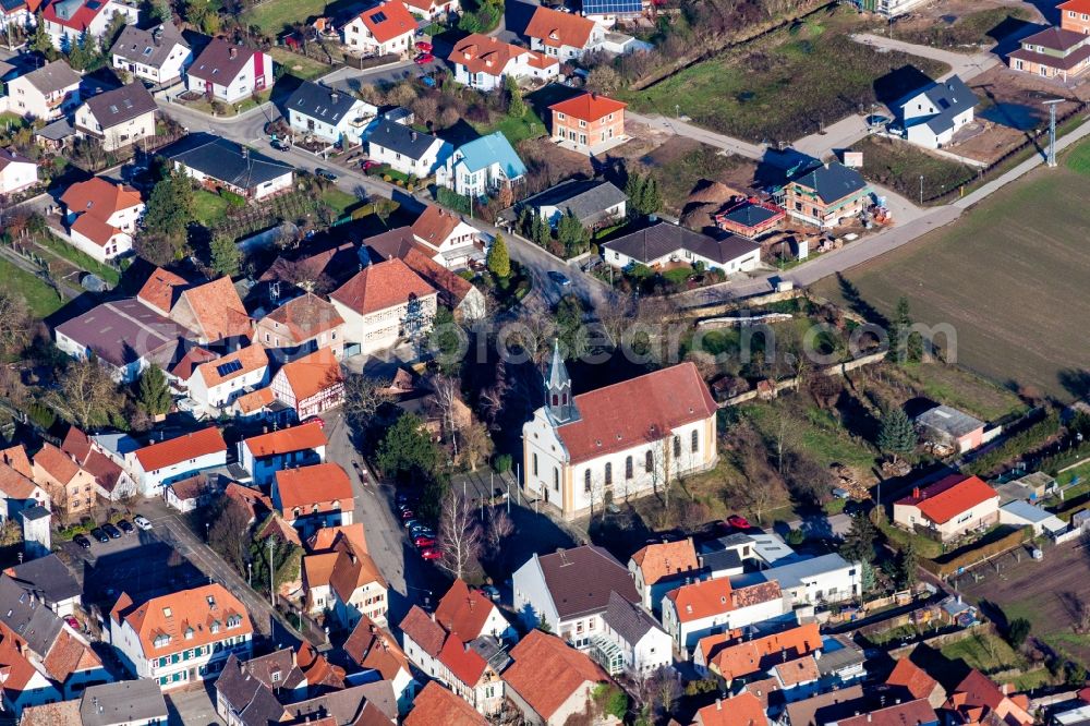 Aerial image Zeiskam - Church building of St. Bartholomew in Zeiskam in the state Rhineland-Palatinate, Germany