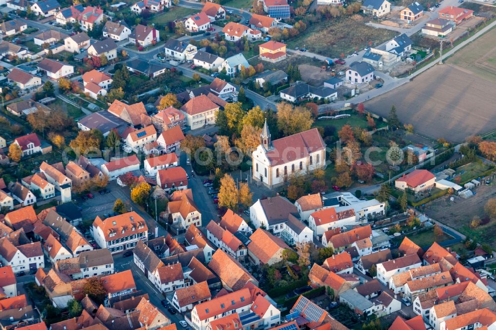 Zeiskam from the bird's eye view: Church building of St. Bartholomew in Zeiskam in the state Rhineland-Palatinate, Germany