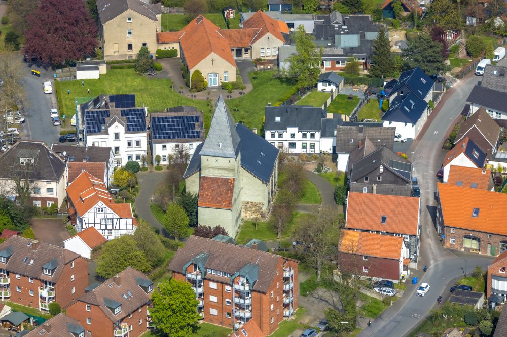 Bönen from above - Church building on Kirchplatz in Boenen in the state North Rhine-Westphalia, Germany