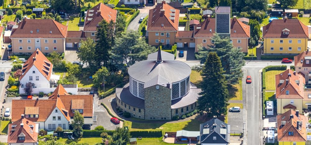 Aerial image Soest - Church building of St. Bruno Kirche on Akazienstrasse in Soest in the state North Rhine-Westphalia, Germany