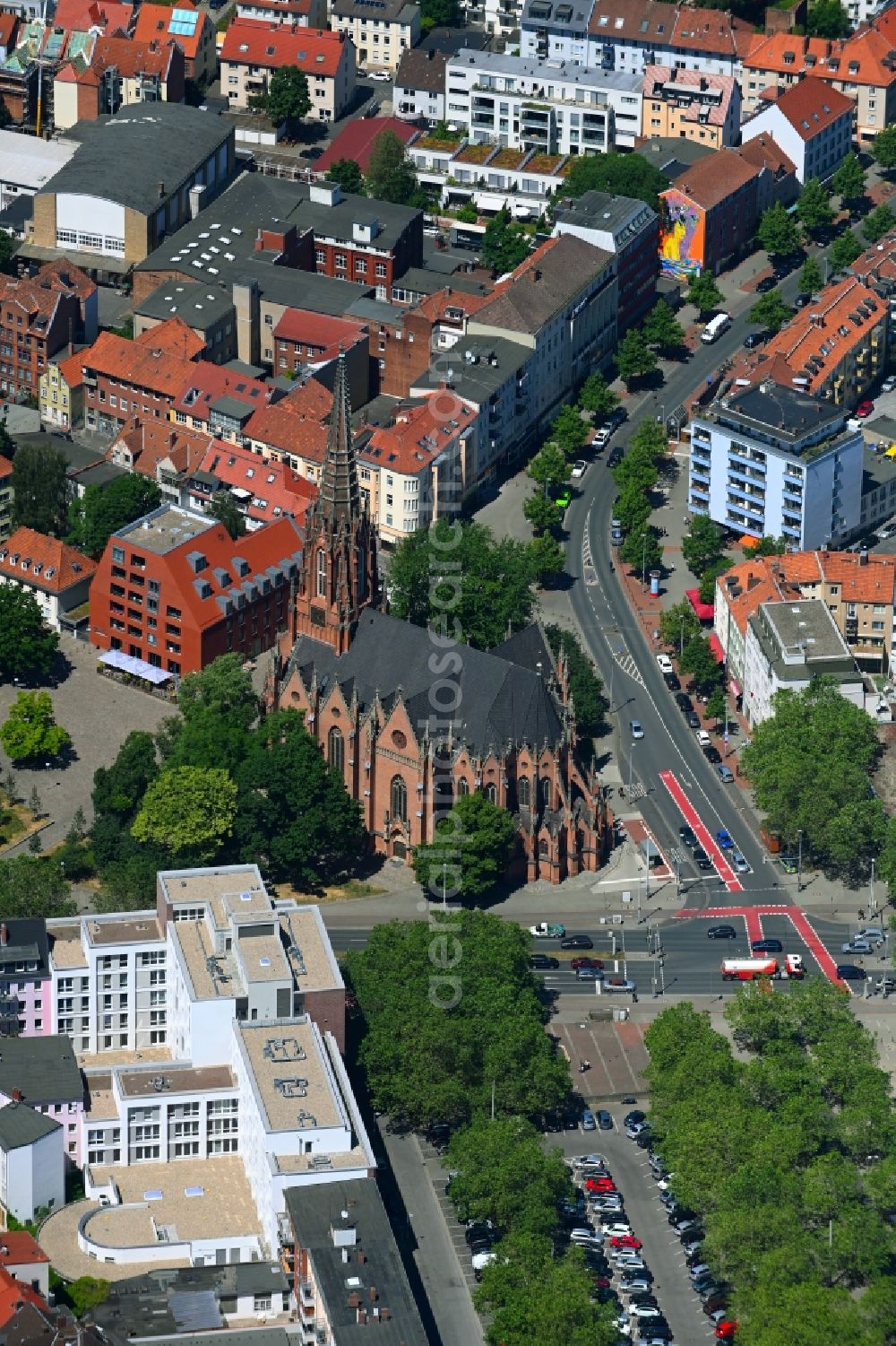 Hannover from above - Church building Christuskirche on Conrad-Wilhelm-Hase-Platz in the district Nordstadt in Hannover in the state Lower Saxony, Germany