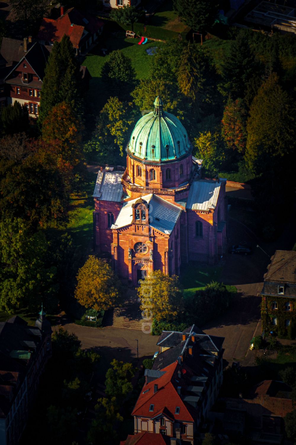 Lahr/Schwarzwald from above - Church building in Christuskirche Old Town- center of downtown in Lahr/Schwarzwald in the state Baden-Wuerttemberg, Germany