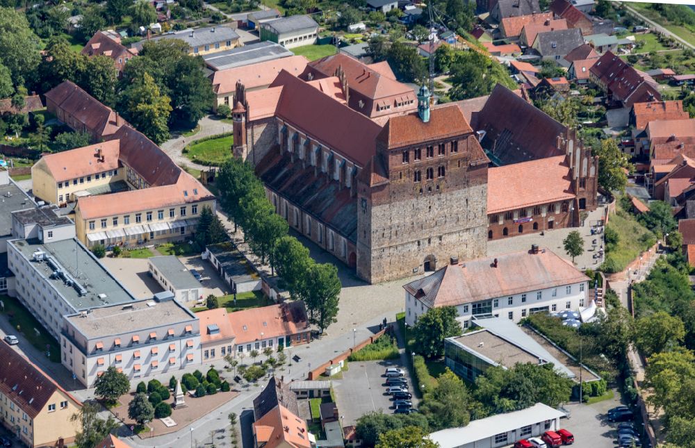 Havelberg from above - Church building in Dom St. Marien zu Havelberg Old Town- center of downtown in Havelberg in the state Saxony-Anhalt, Germany