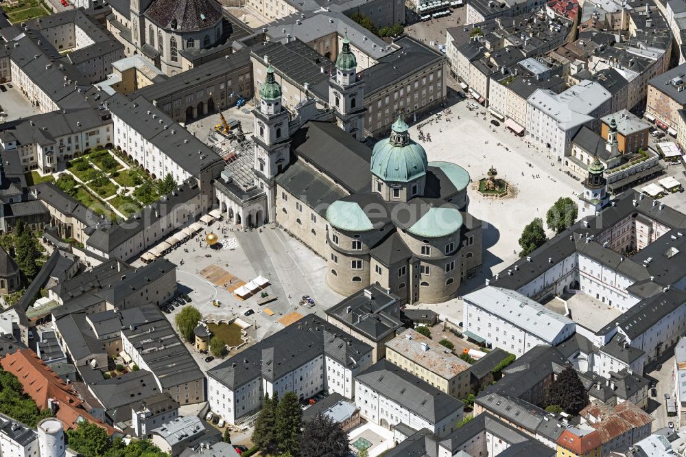 Salzburg from above - Church building of the cathedral Dom zu Salzburg in the old town on place Residenzplatz in Salzburg in Austria