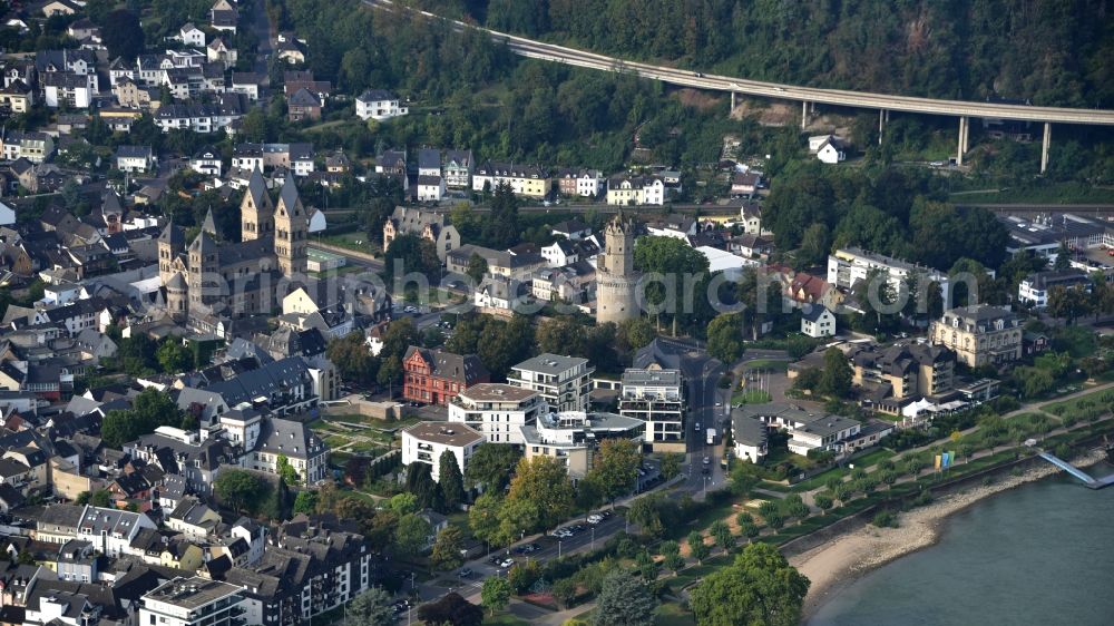 Aerial image Andernach - Church building of the cathedral and Rander Turm in the old town in Andernach in the state Rhineland-Palatinate, Germany