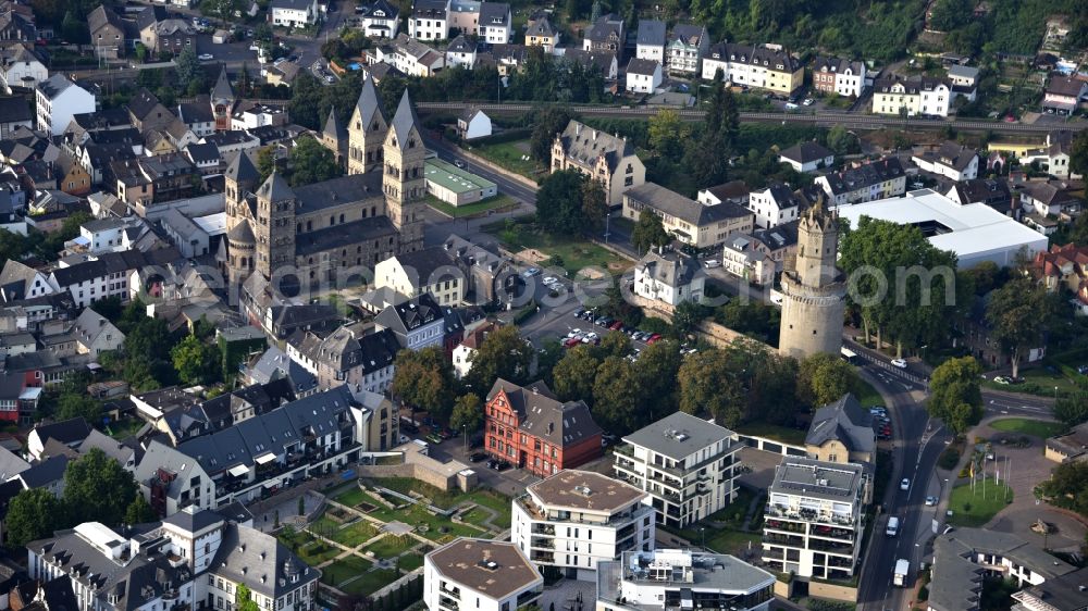 Aerial image Andernach - Church building of the cathedral and Rander Turm in the old town in Andernach in the state Rhineland-Palatinate, Germany