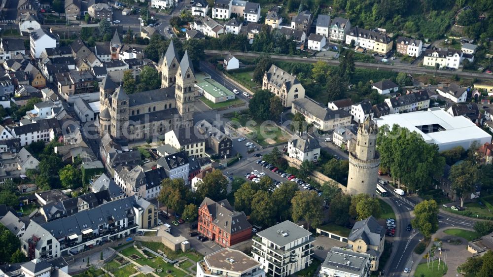 Aerial photograph Andernach - Church building of the cathedral and Rander Turm in the old town in Andernach in the state Rhineland-Palatinate, Germany