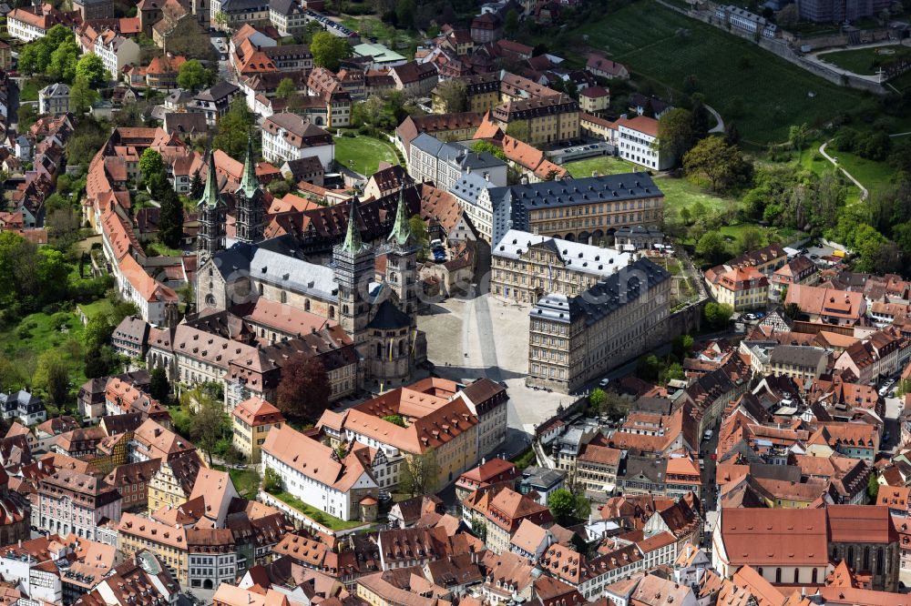 Bamberg from above - Church building of the cathedral Bamberger Dom on Domplatz in the old town in Bamberg in the state Bavaria, Germany