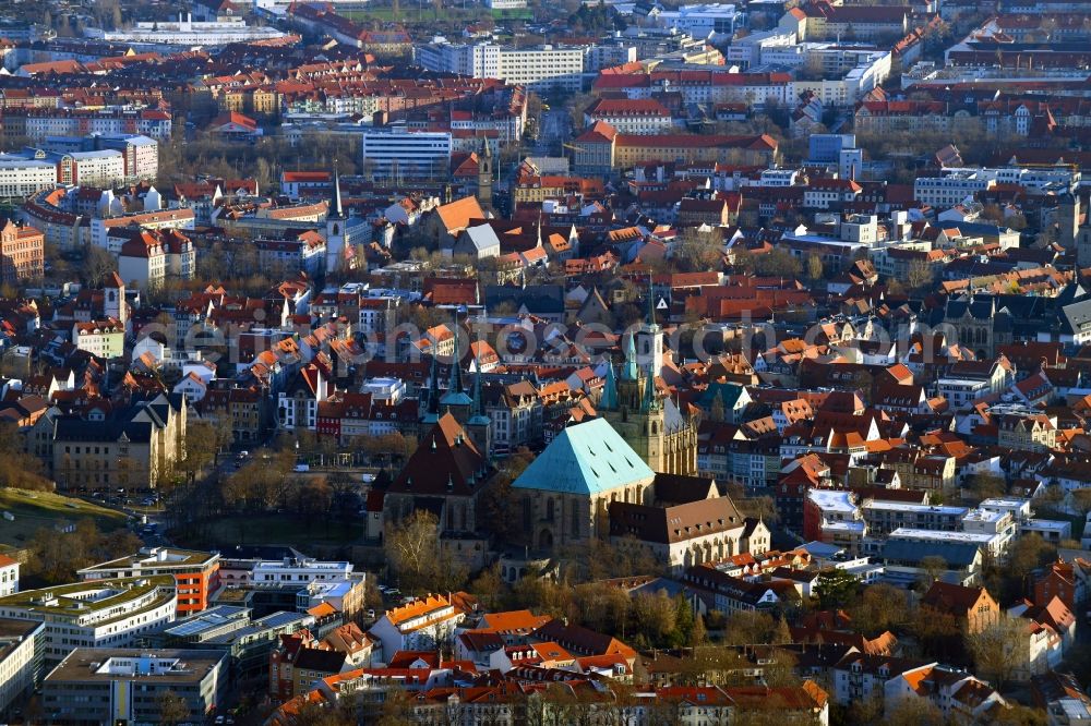 Erfurt from above - Church building of the cathedral in the old town in Erfurt in the state Thuringia, Germany