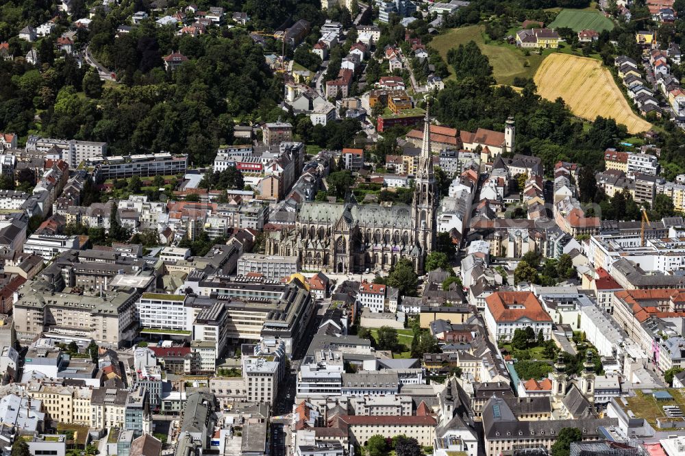 Aerial image Linz - Church building of the cathedral Linzer Mariendom in the old town on street Herrenstrasse in the district Innenstadt in Linz in Oberoesterreich, Austria