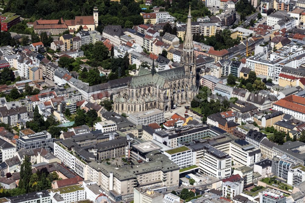 Linz from above - Church building of the cathedral Linzer Mariendom in the old town in the district Innenstadt in Linz in Oberoesterreich, Austria
