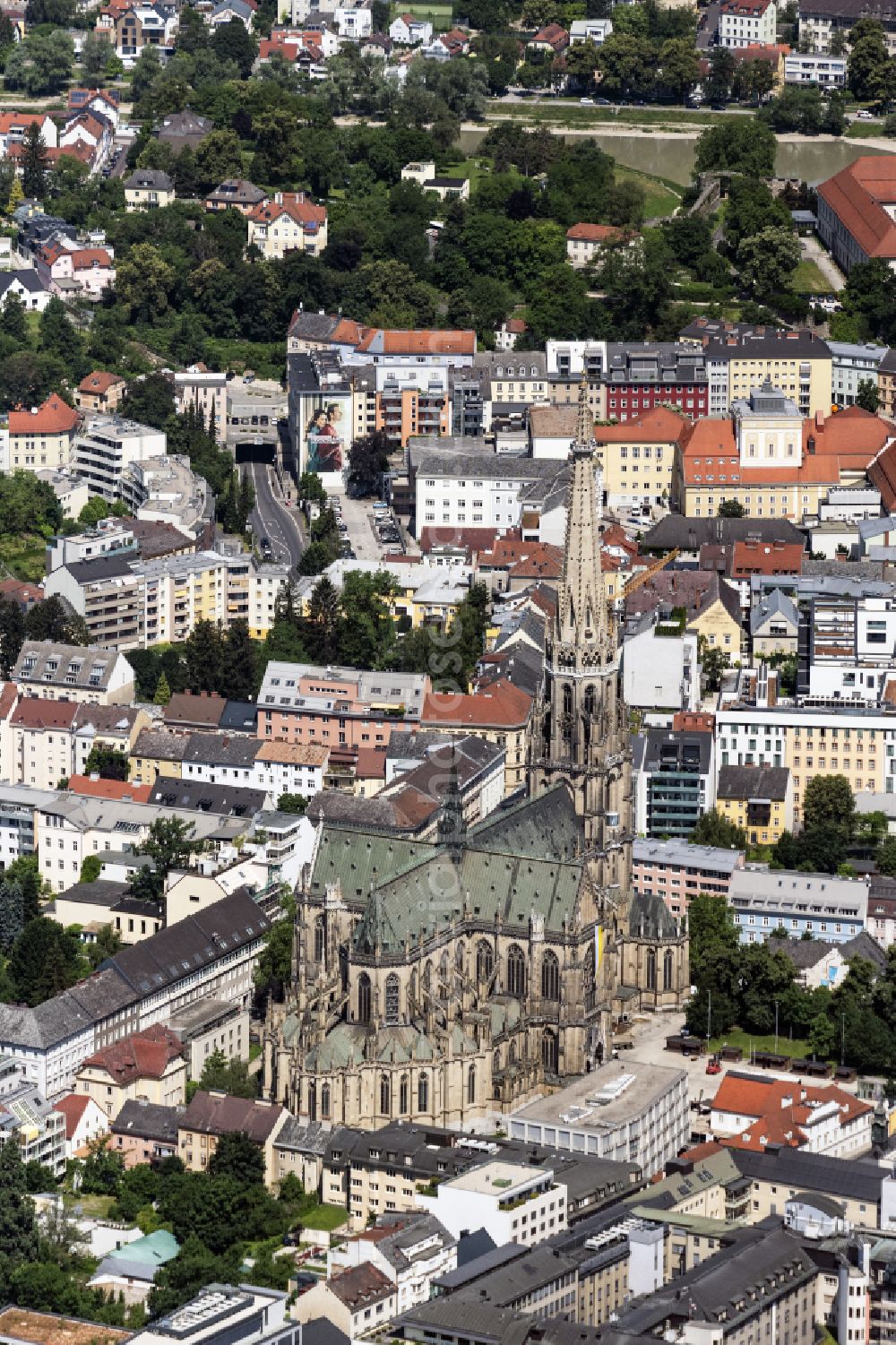 Linz from above - Church building of the cathedral Linzer Mariendom in the old town in the district Innenstadt in Linz in Oberoesterreich, Austria