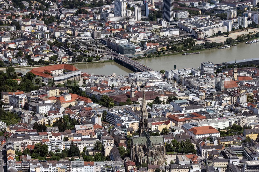Aerial image Linz - Church building of the cathedral Linzer Mariendom in the old town on street Herrenstrasse in the district Innenstadt in Linz in Oberoesterreich, Austria