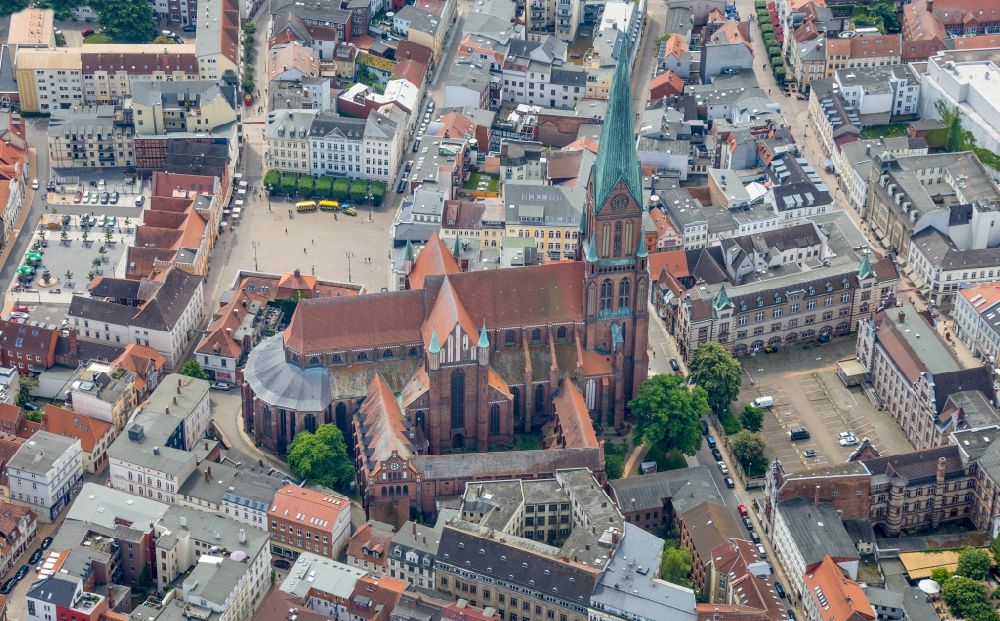 Schwerin from above - Church building of the cathedral St. Marien and St. Johannes in the old town in Schwerin in the state Mecklenburg - Western Pomerania, Germany