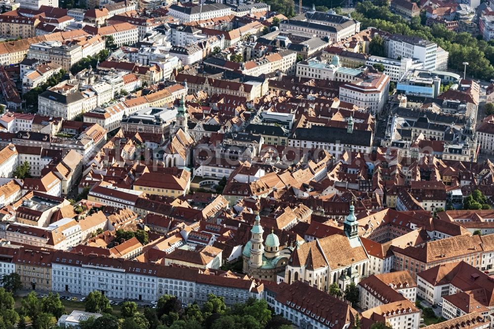Aerial image Graz - Church building in of Domkirche, Mausoleumskirche and of Stadtparrkirche Old Town- center of downtown in Graz in Steiermark, Austria