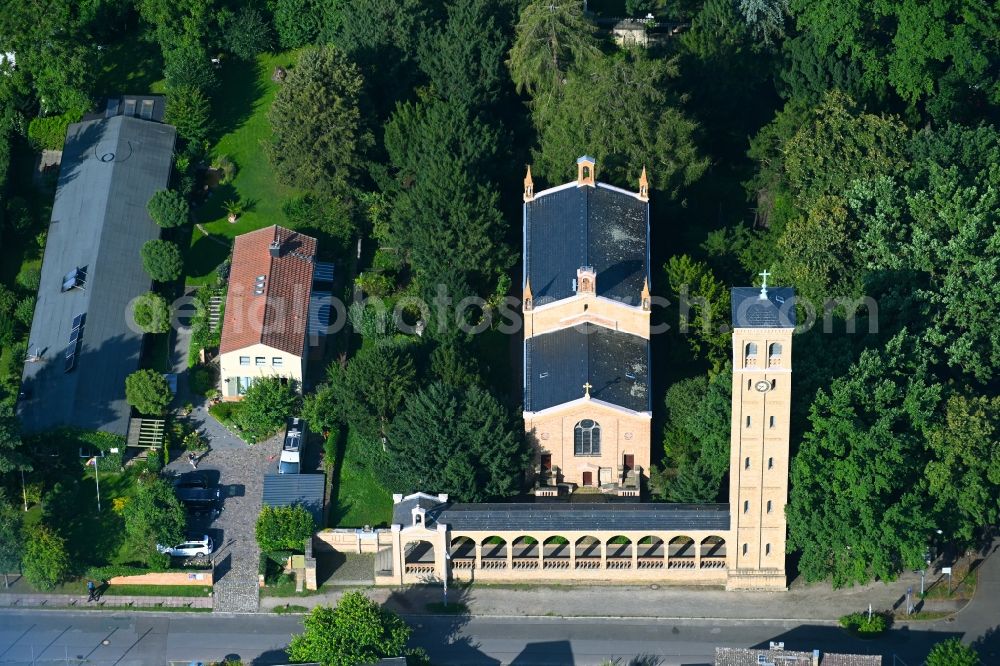 Potsdam from above - Church building of Dorfkirche Bornstedt on Ribbeckstrasse in the district Bornstedt in Potsdam in the state Brandenburg, Germany
