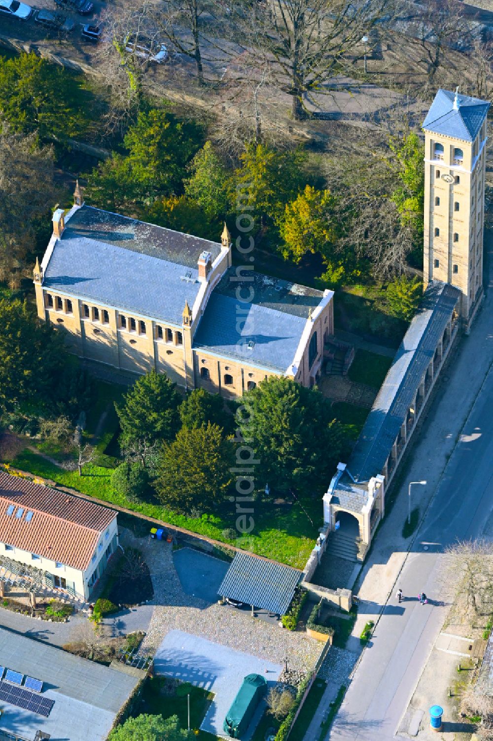 Aerial image Potsdam - Church building of Dorfkirche Bornstedt on Ribbeckstrasse in the district Bornstedt in Potsdam in the state Brandenburg, Germany