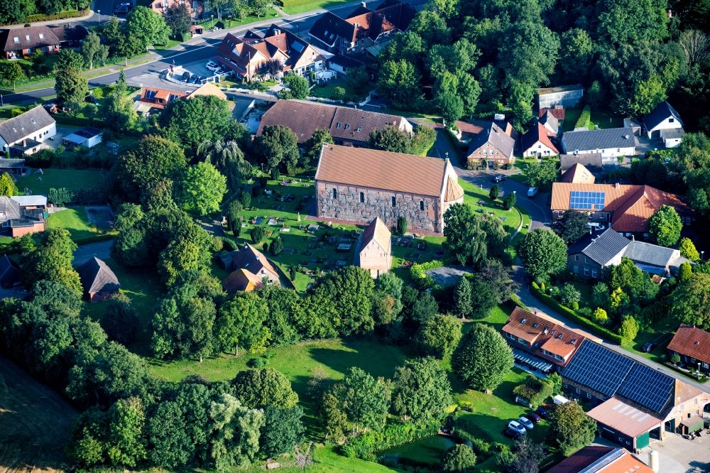 Aerial image Wangerland - Church building in the village center in Minsen Wangerland in the state Lower Saxony, Germany