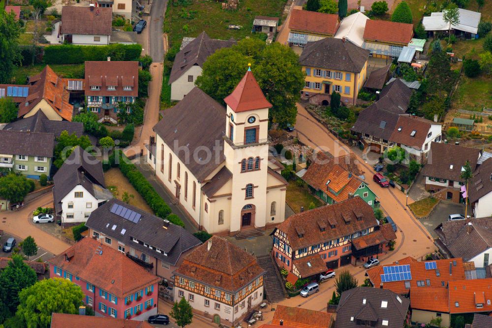 Münchweier from above - Church building in the village of in Muenchweier in the state Baden-Wuerttemberg, Germany