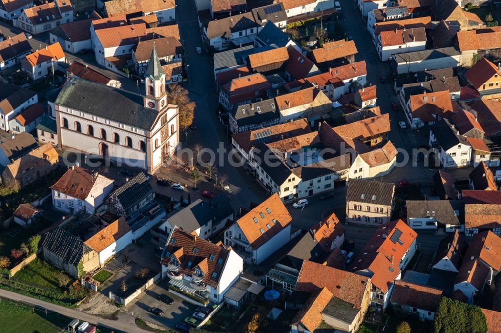 Aerial image Neupotz - Church building in the village of in Neupotz in the state Rhineland-Palatinate, Germany