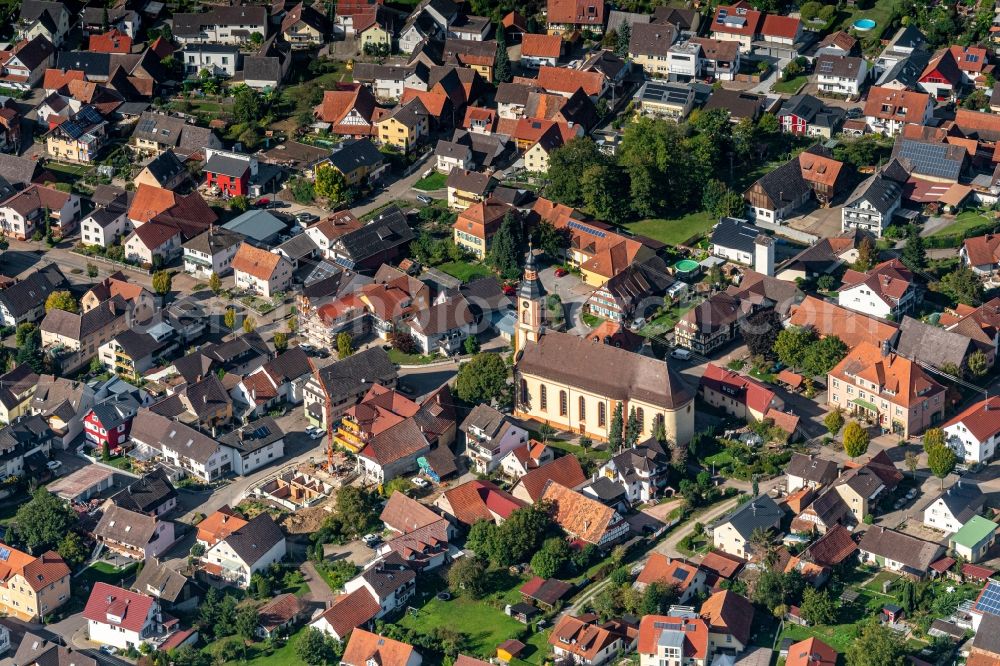 Aerial photograph Niederschopfheim - Church building in the village of in Niederschopfheim in the state Baden-Wurttemberg, Germany