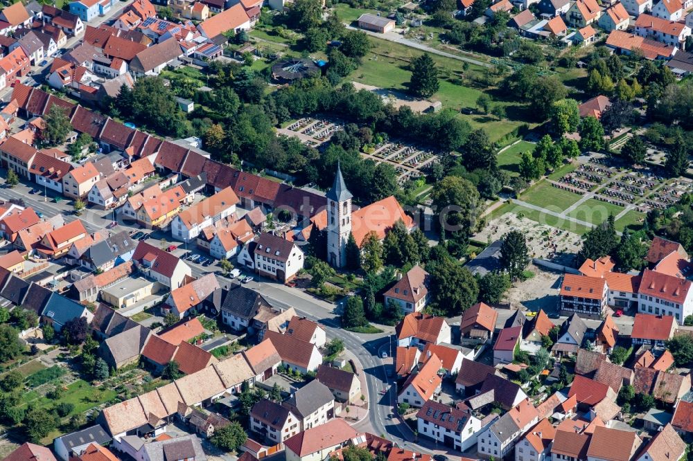 Aerial image Dettenheim - Church building in the village of in the district Liedolsheim in Dettenheim in the state Baden-Wuerttemberg, Germany