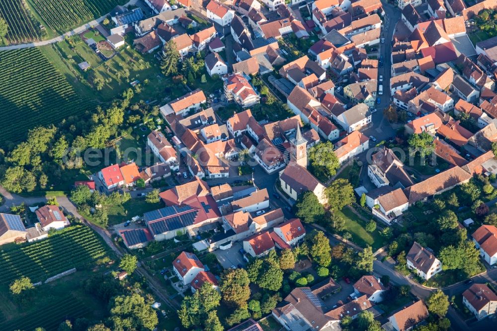 Aerial image Landau in der Pfalz - Church building in the village of in the district Nussdorf in Landau in der Pfalz in the state Rhineland-Palatinate, Germany