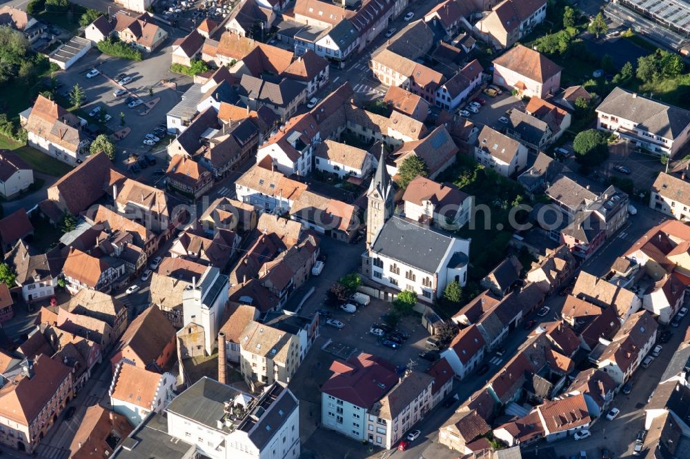 Pfaffenhoffen from above - Church building in the village of in Pfaffenhoffen in Grand Est, France