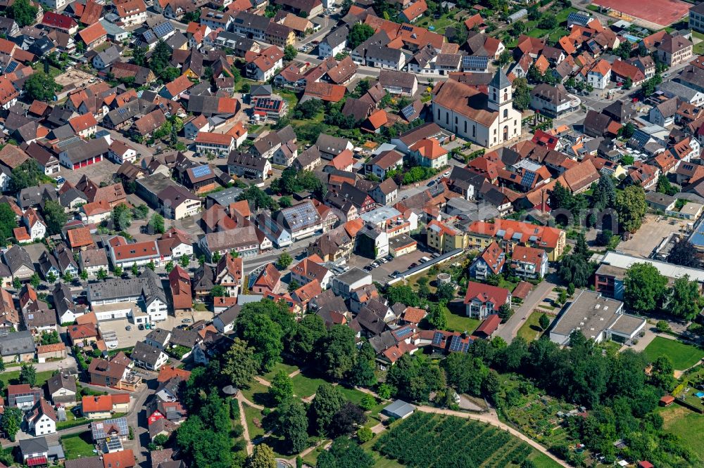 Renchen from above - Church building in the village of in Renchen in the state Baden-Wuerttemberg, Germany