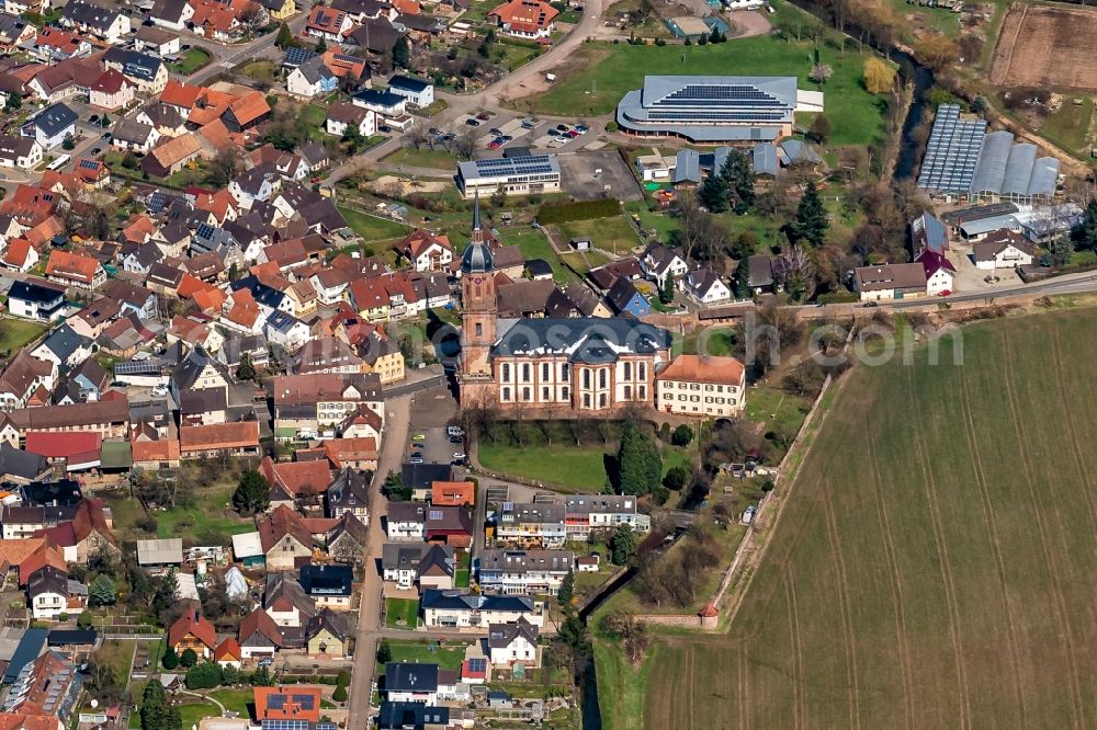 Aerial image Schuttern - Church building in the village of in Schuttern in the state Baden-Wurttemberg, Germany