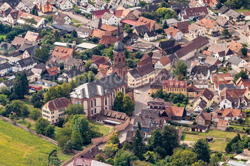 Schuttern from above - Church building in the village of in Schuttern in the state Baden-Wurttemberg, Germany