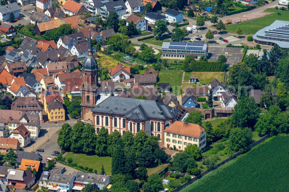 Schuttern from above - Church building in the village of in Schuttern in the state Baden-Wurttemberg, Germany
