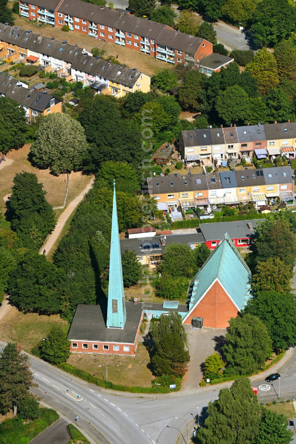 Lübeck from the bird's eye view: Church building of the Trinity Church of the Evangelical Lutheran Church. Church community Kuecknitz in Luebeck on the Baltic Sea coast in the state Schleswig-Holstein, Germany