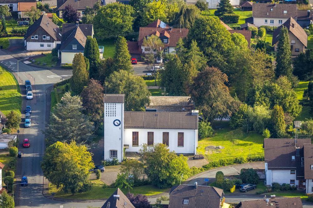 Eichen from above - Church building on street Suedhang in Eichen at Siegerland in the state North Rhine-Westphalia, Germany