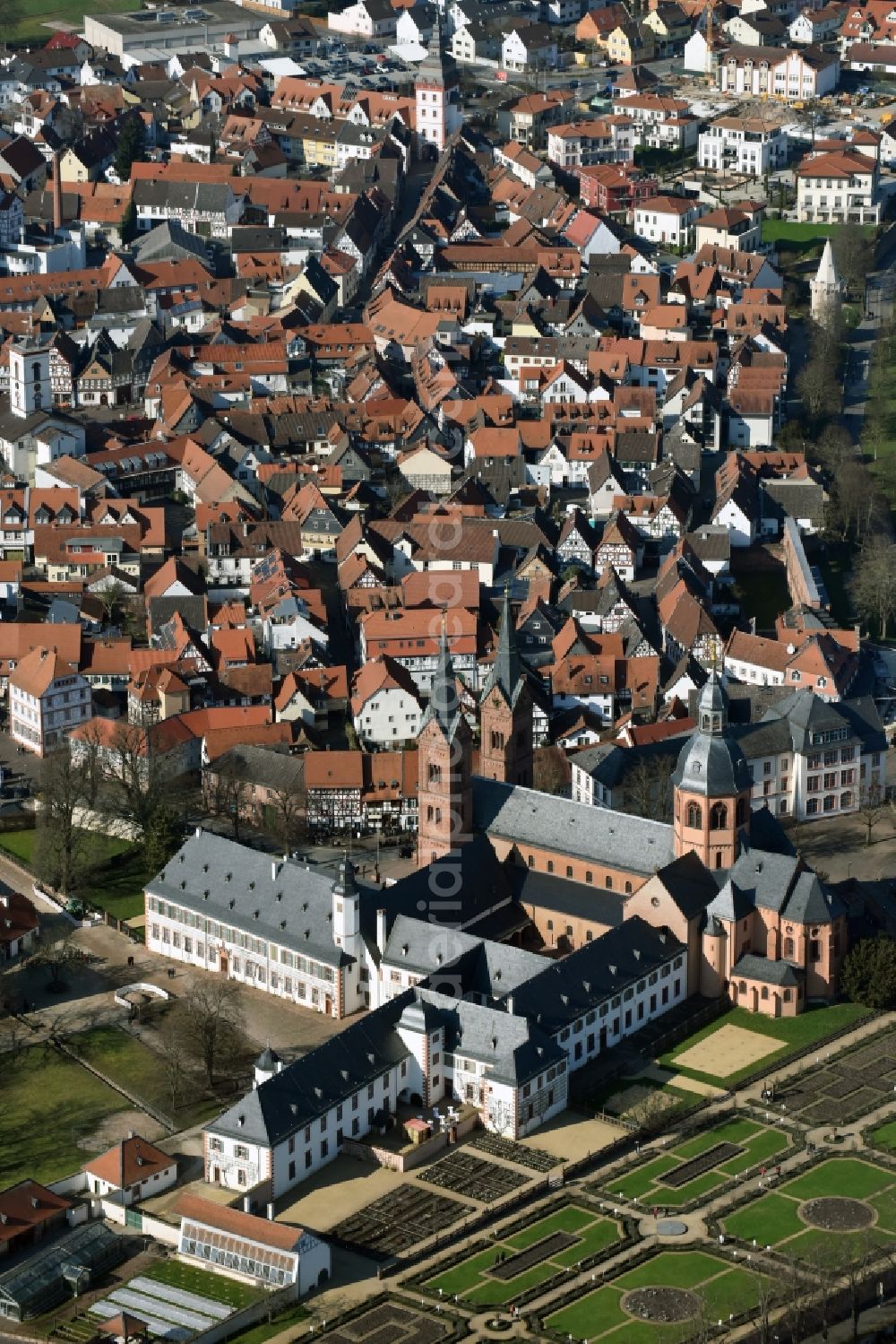 Seligenstadt from above - Church building Einhardbasilika the monastery at the Great Maingasse in Seligenstadt in Hesse
