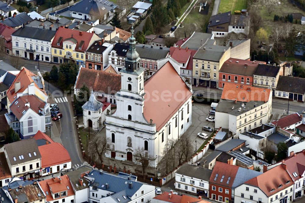 Aerial image Wolsztyn - Church building in Old Town- center of downtown in Wolsztyn in Wielkopolskie, Poland