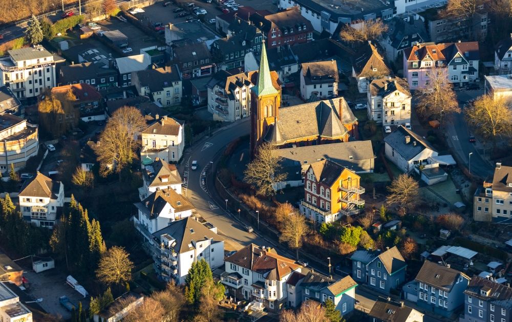 Ennepetal from the bird's eye view: Church building of the Evangelische Kirchengemeinde Milspe-Rueggeberg along the Kirchstrasse in Ennepetal in the state North Rhine-Westphalia, Germany