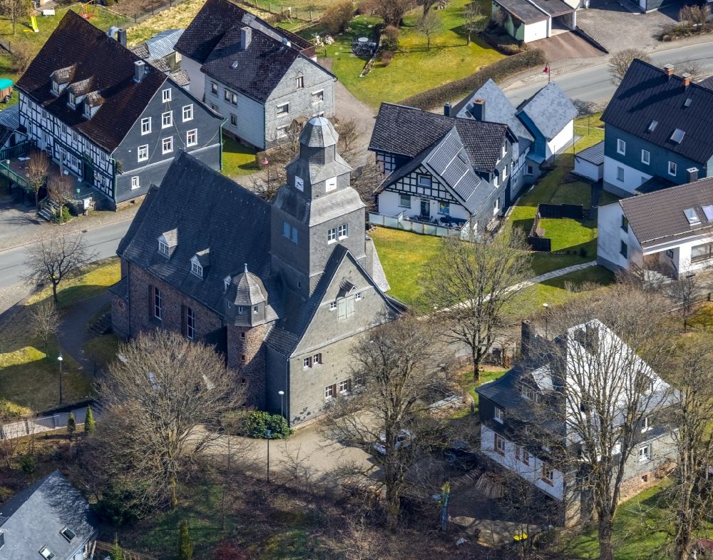 Aerial photograph Erndtebrück - Church building in Erndtebrueck on Siegerland in the state North Rhine-Westphalia, Germany