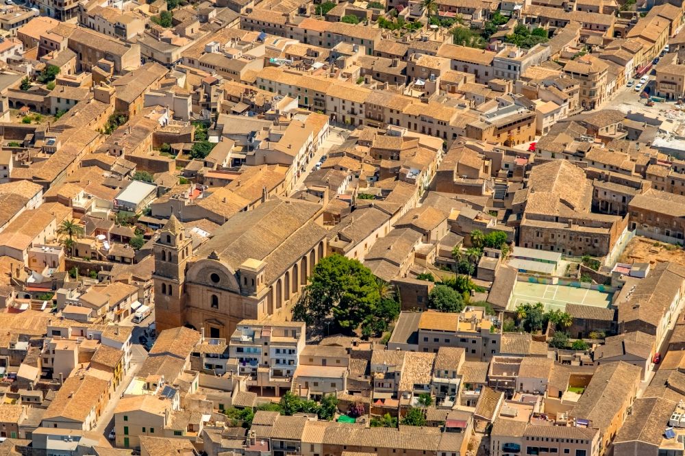 Campos from the bird's eye view: Church building in Esglesia de Sant Julia Old Town- center of downtown in Campos in Balearic island of Mallorca, Spain