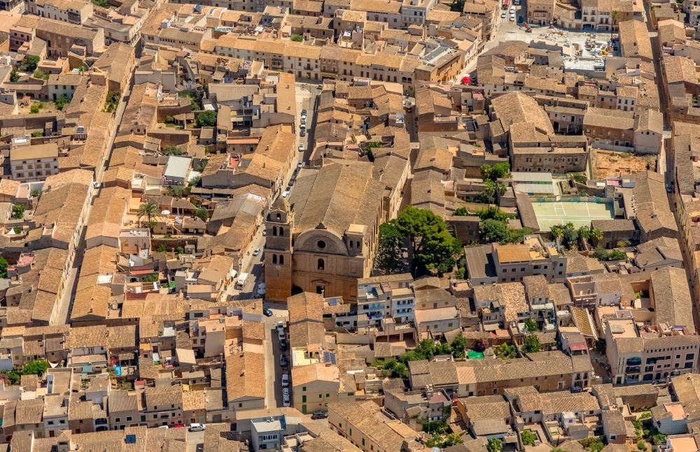 Aerial image Campos - Church building in Esglesia de Sant Julia Old Town- center of downtown in Campos in Balearic island of Mallorca, Spain