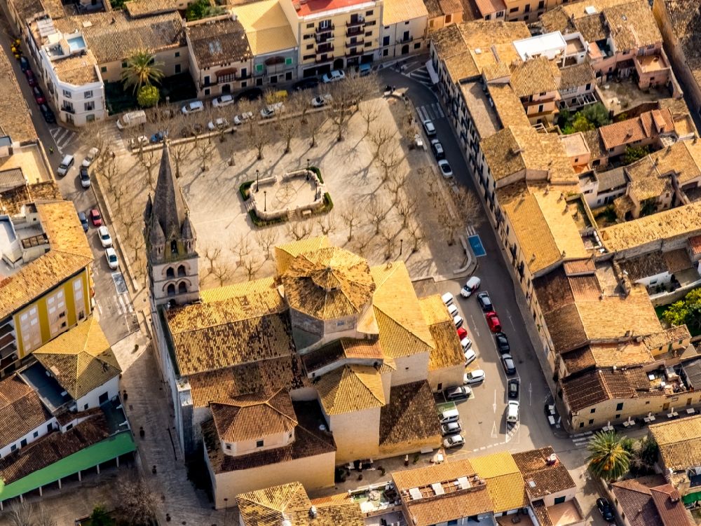 Aerial image Binissalem - Church building Esglesia de Santa Maria de Robines on Carrer Esglesia, Placa in the old town center of the city center in Binissalem in Balearic Island Mallorca, Spain