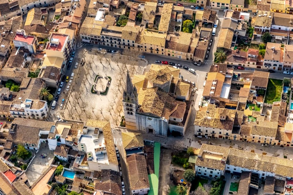 Binissalem from above - Church building Esglesia de Santa Maria de Robines on Carrer Esglesia, Placa in the old town center of the city center in Binissalem in Balearic Island Mallorca, Spain