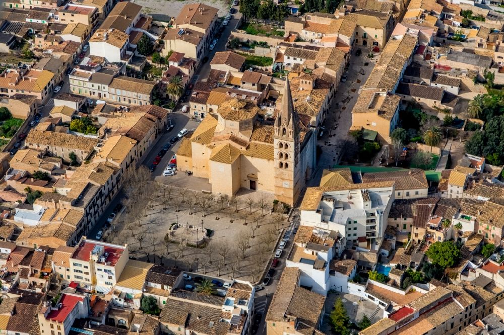 Aerial image Binissalem - Church building Esglesia de Santa Maria de Robines on Carrer Esglesia, Placa in the old town center of the city center in Binissalem in Balearic Island Mallorca, Spain