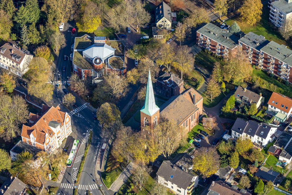 Bochum from above - Church building Evang. Kirche Werne and the event hall Erich-Bruehmann-Haus on street Kreyenfeldstrasse in the district Werne in Bochum at Ruhrgebiet in the state North Rhine-Westphalia, Germany