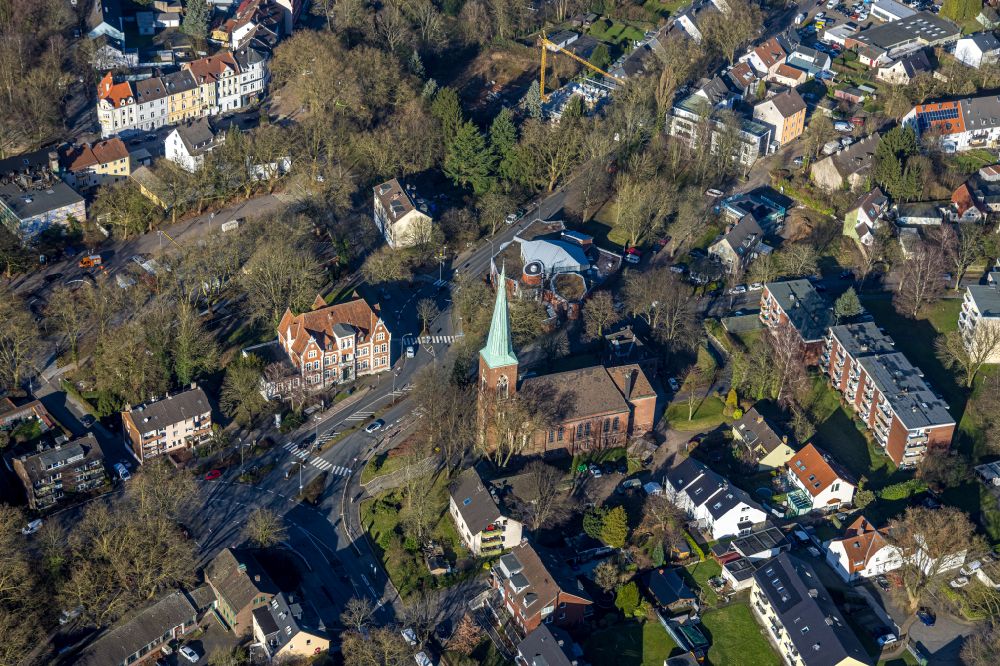 Aerial image Bochum - Church building Evang. Kirche Werne and the event hall Erich-Bruehmann-Haus on street Kreyenfeldstrasse in the district Werne in Bochum at Ruhrgebiet in the state North Rhine-Westphalia, Germany