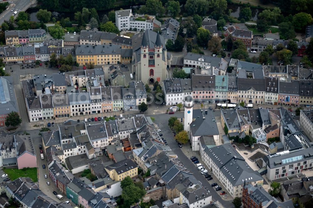 Hof from the bird's eye view: Church building of the Protestant Lutheran Church of St. Michaelis in Hof in Bavaria, Germany