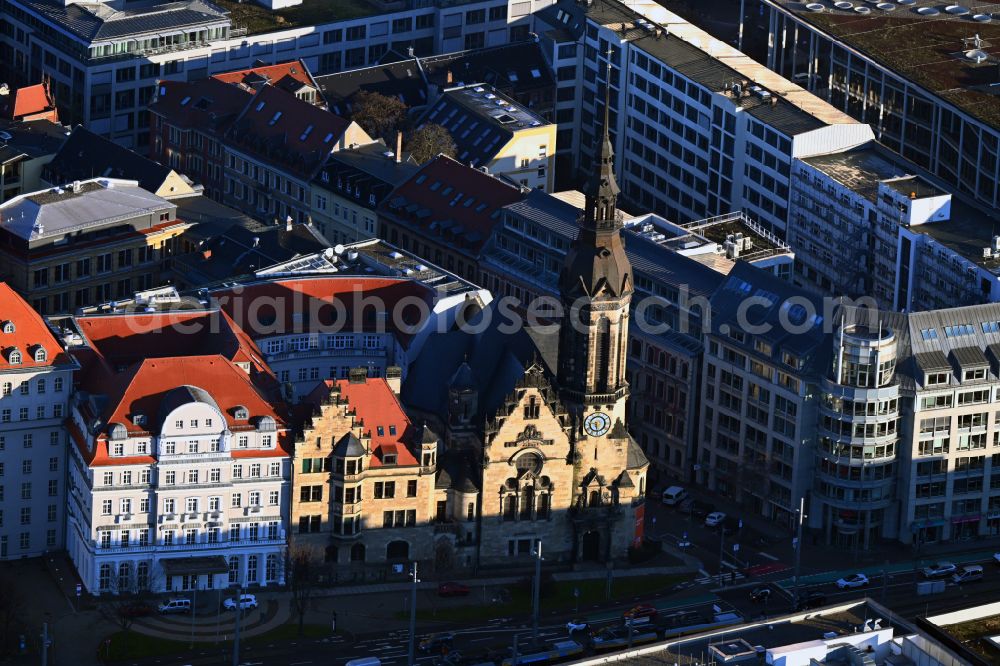 Leipzig from the bird's eye view: Church building in Evangelisch Reformierte Kirche zu Leipzig on Troendlinring Old Town- center of downtown in the district Mitte in Leipzig in the state Saxony, Germany
