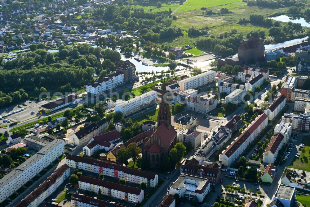 Aerial image Demmin - Church building in protestant Kirche St. Bartholomaei Old Town- center of downtown on street Rudolf-Breitscheid-Strasse - Kirchplatz in Demmin in the state Mecklenburg - Western Pomerania, Germany